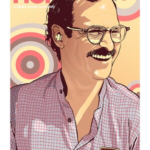 May include: A movie poster for the film "Her" featuring Joaquin Phoenix, a man with a mustache and glasses, smiling. The poster has a retro design with a yellow, red, and white background.