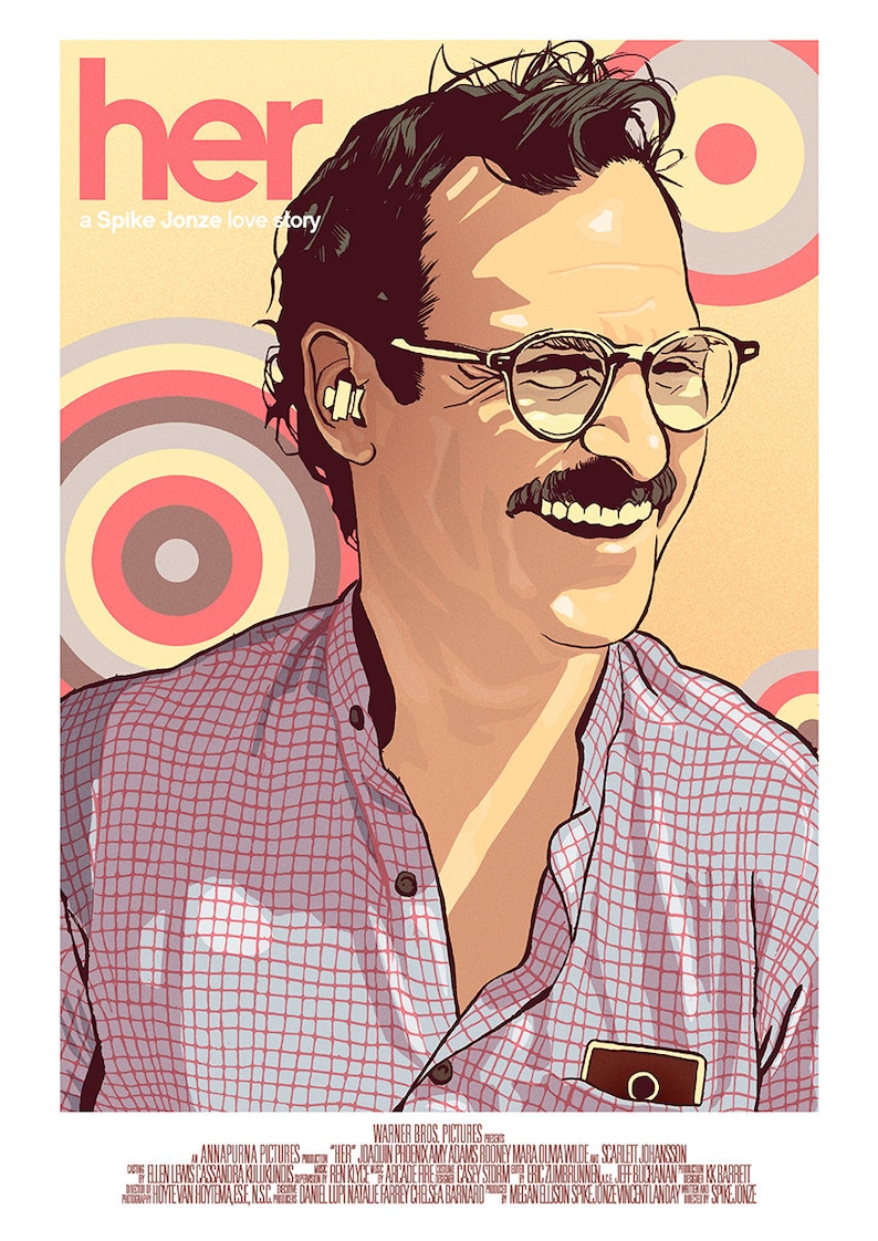 May include: A movie poster for the film "Her" featuring Joaquin Phoenix, a man with a mustache and glasses, smiling. The poster has a retro design with a yellow, red, and white background.