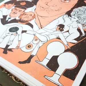 May include: A black and white illustration of a man wearing a hat and a moustache. The man is surrounded by other people and objects, including a woman with a large hairdo, a pair of eyes, and a large, round object. The illustration is set against a peach background.