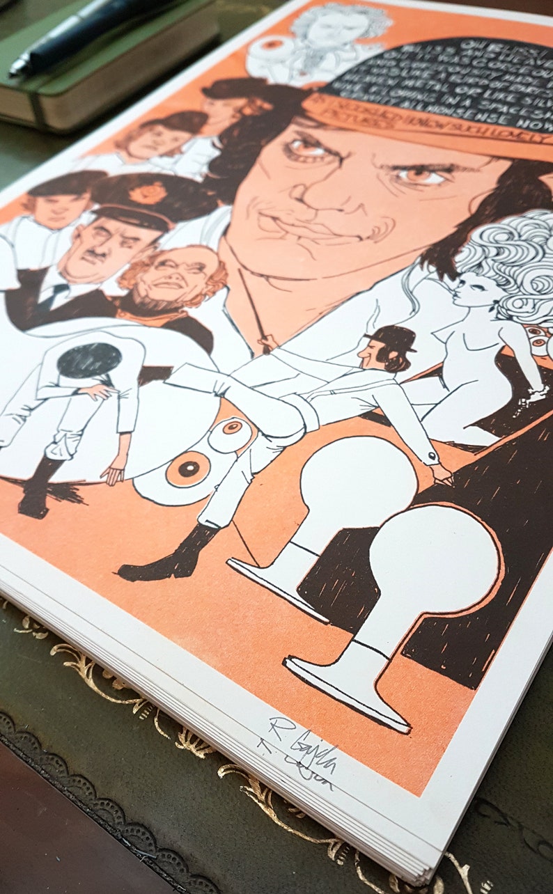 May include: A black and white illustration of a man wearing a hat and a moustache. The man is surrounded by other people and objects, including a woman with a large hairdo, a pair of eyes, and a large, round object. The illustration is set against a peach background.