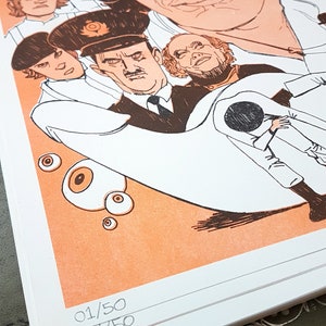 May include: A colourful illustration of a man with a hat and a large eye, surrounded by other figures. The text on the hat reads "On Belief/ Bliss Was Life/ It Was Given/ To Copy A Copy Of A Copy/ And Like A Bird In The Sky/ Heaven Was A City Of Pure Gold/ Wire Metal Of Life Simply Flowing In A Space Ship/ Gravity All Norse Because/ As I Stood All Now I Know/ Pictures/" The image is numbered 01/50, 02/50, and 04/50.