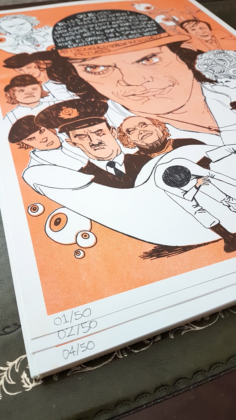 May include: A colourful illustration of a man with a hat and a large eye, surrounded by other figures. The text on the hat reads "On Belief/ Bliss Was Life/ It Was Given/ To Copy A Copy Of A Copy/ And Like A Bird In The Sky/ Heaven Was A City Of Pure Gold/ Wire Metal Of Life Simply Flowing In A Space Ship/ Gravity All Norse Because/ As I Stood All Now I Know/ Pictures/" The image is numbered 01/50, 02/50, and 04/50.