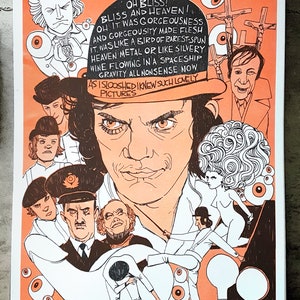 May include: A colourful illustration of a man wearing a top hat with a large, expressive face. The image is surrounded by smaller illustrations of people and objects, including a man in a white suit, a woman with curly hair, and a pair of large eyes. The text "OH BLISS! BLISS AND HEAVEN! OH IT WAS GORGEOUSNESS AND GORGEOUSITY MADE FLESH IT WAS LIKE A BIRD OF RAREST-SPUN HEAVEN METAL OR LIKE SILVERY WINE FLOWING IN A SPACESHIP GRAVITY ALL NONSENSE NOW AS I SLOOSHED I KNEW SUCH LOVELY PICTURES" is written in a bold, stylised font.