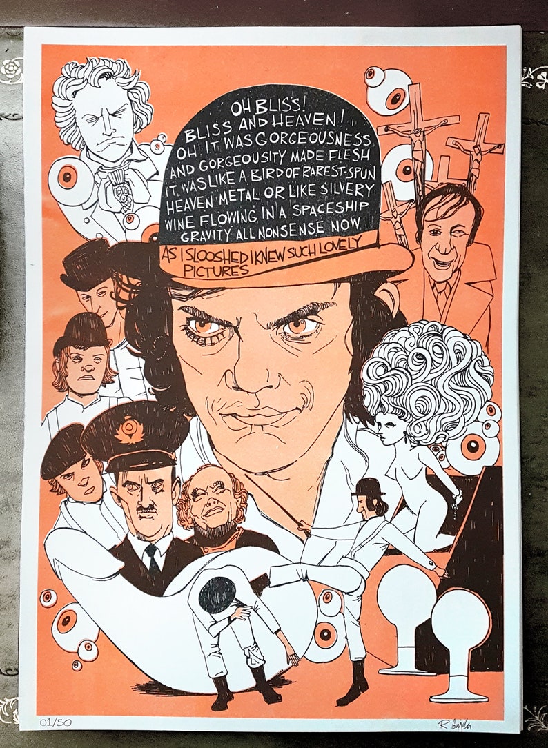 May include: A colourful illustration of a man wearing a top hat with a large, expressive face. The image is surrounded by smaller illustrations of people and objects, including a man in a white suit, a woman with curly hair, and a pair of large eyes. The text "OH BLISS! BLISS AND HEAVEN! OH IT WAS GORGEOUSNESS AND GORGEOUSITY MADE FLESH IT WAS LIKE A BIRD OF RAREST-SPUN HEAVEN METAL OR LIKE SILVERY WINE FLOWING IN A SPACESHIP GRAVITY ALL NONSENSE NOW AS I SLOOSHED I KNEW SUCH LOVELY PICTURES" is written in a bold, stylised font.