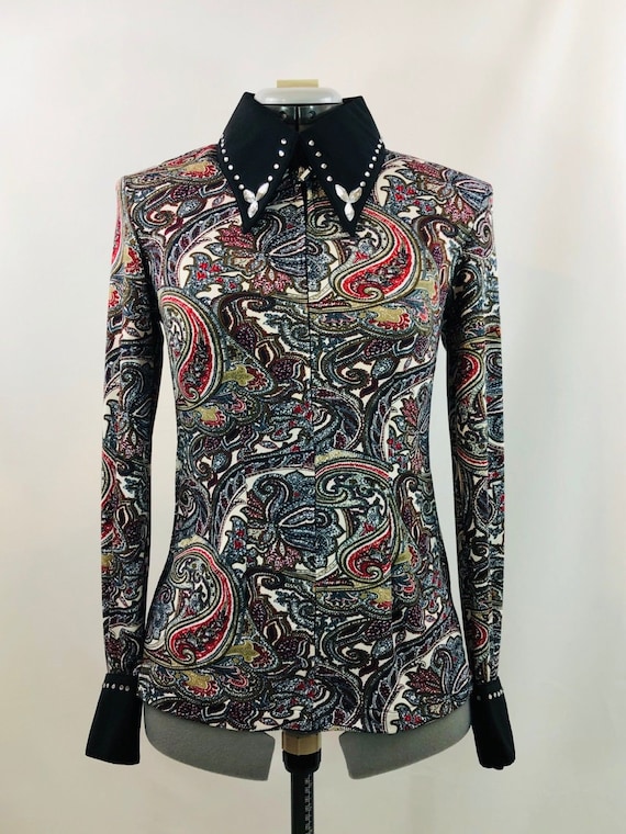 Chemise Western Show SMS – Noire, Cristaux Floraux, Taille SM-XS, Neuve