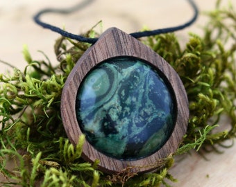Green Eye Jasper Crystal Necklace, Crystal Stone Pendant Stone, Wiccan Wooden Jewelry, Pagan Necklaces, Gemstone Pendant Necklace