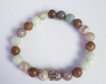Agate & Wooden Beaded Bracelet, Boho Style