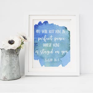 Watercolor Scripture  Print,  Digital Print, Watercolor Digital Print, Downloadable Art, Isaiah 26 Print, Peace Print, Blue Watercolor Art
