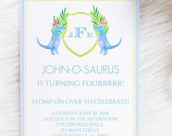 May include: A blue and green dinosaur-themed birthday invitation with the text "John-O-saurus is turning fourrrr!" and details for a party on June 10, 2018.