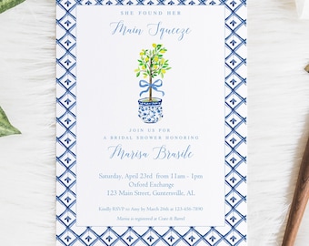Lemon Bridal Shower Invitation, Lemon Invitation, Main Squeeze Invite, Chinoiserie Bridal Shower, Mediterranean Bridal Shower, Blue & White