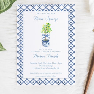 Lemon Bridal Shower Invitation, Lemon Invitation, Main Squeeze Invite, Chinoiserie Bridal Shower, Mediterranean Bridal Shower, Blue & White