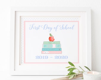 First Day of School Sign, Digital Print, First Day of Kindergarten sign, Apple Print, Back to School Book Print, Watercolor Back to School