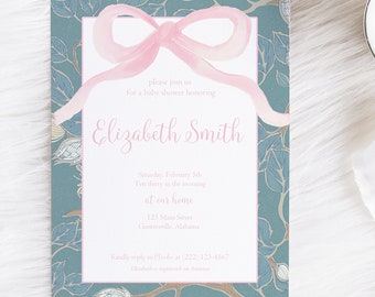 Baby Shower Invitation, Watercolor Baby Shower Invitation, Blue and Pink Shower Invitation, Blue Floral Baby Shower Invite, Classic Baby