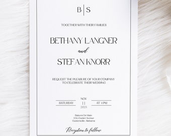 Wedding Invitation, Black and White Wedding Invitation, Minimalist Wedding Invite, Monogram Wedding Invitation, Simple Wedding, Digital