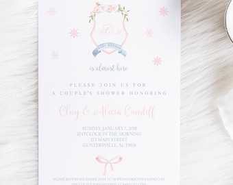 Inbjudan till babyshower i akvarell, inbjudan till akvarellvapensköld, inbjudan till babyshower i rosa vapensköld, inbjudan till babyshower med monogram, digital konst