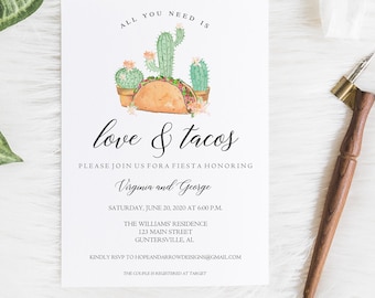 Könnte beinhalten: Eine weiße Einladungskarte mit einer Aquarell-Illustration eines Tacos mit Kakteen. Der Text lautet "Alles was du brauchst ist Liebe & Tacos" und enthält Details für eine Fiesta zu Ehren von Virginia und George.