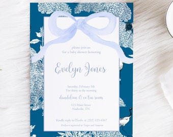 Baby Shower Invitation, Watercolor Baby Shower Invitation, Blue and White Shower Invitation, Blue Floral Baby Shower Invite, Classic Baby