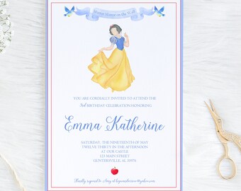 May include: A blue and white invitation card with a cartoon image of Snow White in a yellow dress. The text on the card reads "You are cordially invited to attend the 3rd birthday celebration honoring Emma Katherine. Saturday, the nineth of May twelve thirty in the afternoon at our castle 12 Main Street Genterville, AL 36034.  Kindly respond to:  [email protected]"