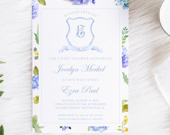 Baby Shower Invitation, Watercolor Baby Shower Invitation, Blue and White Shower Invitation, Blue Floral Baby Shower Invite, Classic Baby