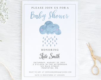 Watercolor Rain Cloud Baby Shower Invitation, Baby Shower, Invitation, Rain, Baby Sprinkle, Baby Shower Invite, Rain Cloud, Rain Drops, DIY