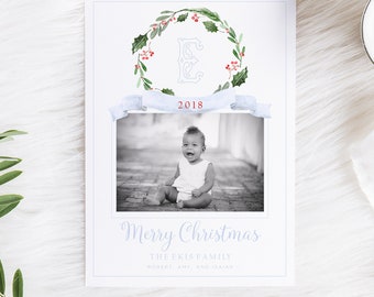 Christmas Card, Watercolor Christmas Card, Holiday Card, Digital Christmas Card, Printable Holiday Card, Watercolor, Simple  Card, Blue