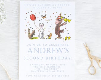 Curious George Invitation, Watercolor Curious George, Simple Curious George Invitation, Birthday Party, Curious George Party, Classic George