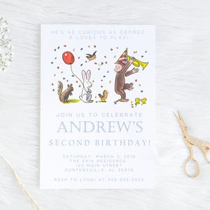 Curious George Invitation, Watercolor Curious George, Simple Curious George Invitation, Birthday Party, Curious George Party, Classic George
