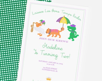 May include: A purple, green, and gold invitation with a crown and the text "Laisser Les Bons Tempo Rouler" and "Join Our Krewe Madeline Is Turning Two!"  The invitation also includes the date, time, and location of the party.
