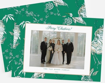 Green Floral Christmas Card, Chinoisorie Christmas Card, Crane Holiday Card, Photo Christmas Card, Wedding Christmas Card, Grand Millennial