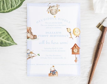 May include: A rectangular invitation card featuring watercolour illustrations of nursery rhyme characters including a cow jumping over the moon, a cat with a fiddle, a clock, and a dish with a spoon. The text reads Hey Diddle Diddle, Isaiah's First Birthday.