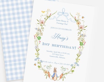 Peter Rabbit Birthday Invitation, Watercolor Floral Peter Rabbit Invitation, Grandmillennial Invitation, Peter Rabbit Invite, Peter Rabbit