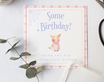 Könnte beinhalten: Eine rosa-weiße Gingham-Karte mit einem lila Spinnennetz und einem Comic-Schwein. Die Karte sagt "Some Birthday!" und "Thank you for celebrating with me!"
