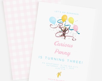 Op de afbeelding: Een verjaardagsuitnodiging met een cartoon-aap die ballonnen vasthoudt. De uitnodiging luidt "Let's go bananas! Curious Penny is turning three! An apartment in the big city, Saturday, June 1, 2025, 4:00 PM".