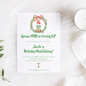 Grinch Birthday Invitation,  Grinch Party, Merry Birthday, Whoville Invitation, Grinch Christmas Invitation, Christmas Birthday, Grinch