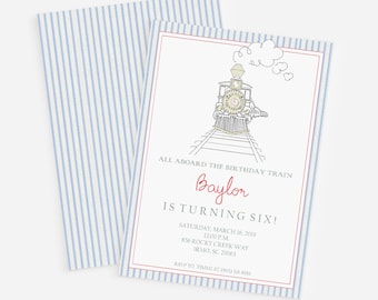 May include: A blue and white striped invitation with a red border. The invitation is for a birthday party for Baylor who is turning six. The invitation features a black and white illustration of a train with a cloud of smoke above it. The text on the invitation reads "All aboard the birthday train Baylor is turning six! Saturday, March 16, 2019 12:00 p.m. 856 Rocky Creek Way Irmo, SC 29063 RSVP to [phone number]"