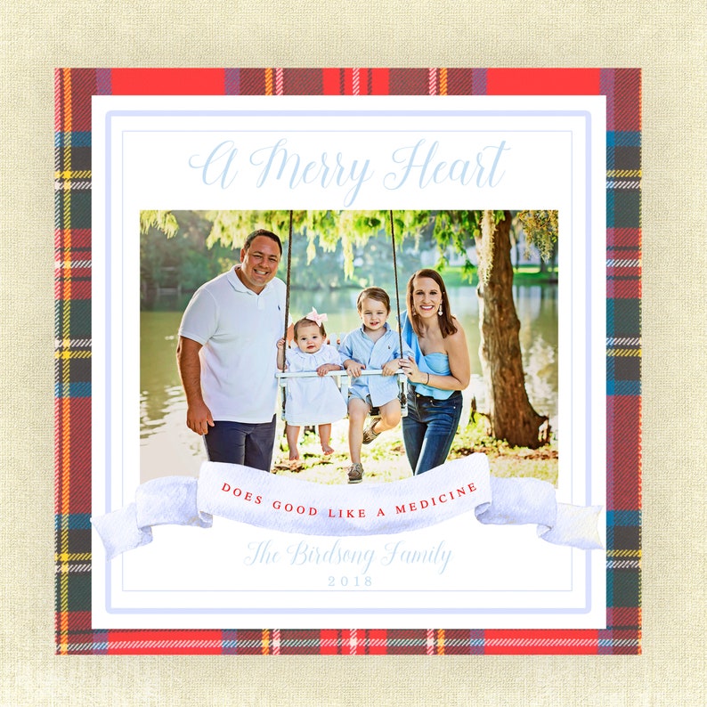 May include: A family portrait on a white background with a red, green, and yellow plaid border. The photo features a family of four on a swing, with the text "A Merry Heart" and "Does good like a medicine". The family name and year are also included.