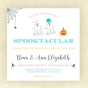 May include: A Halloween party invitation with a white background and a teal blue and white spider web design. The text reads "You're invited to a Spooktacular 4th & 2nd Birthday Celebration for Beau & Ann Elizabeth. Costumes highly encouraged! Saturday, October 19th at 5 o'clock. Our Haunted House - 12 Bayou Rd. RSVP to 979-373-1634".