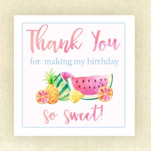 K&ouml;nnte beinhalten: Danke, dass du meinen Geburtstag so s&uuml;&szlig; gemacht hast! Aquarell-Dankeskarte mit einer rosa Wassermelone, einer gr&uuml;nen Ananas und orangenen Zitrusfr&uuml;chten.