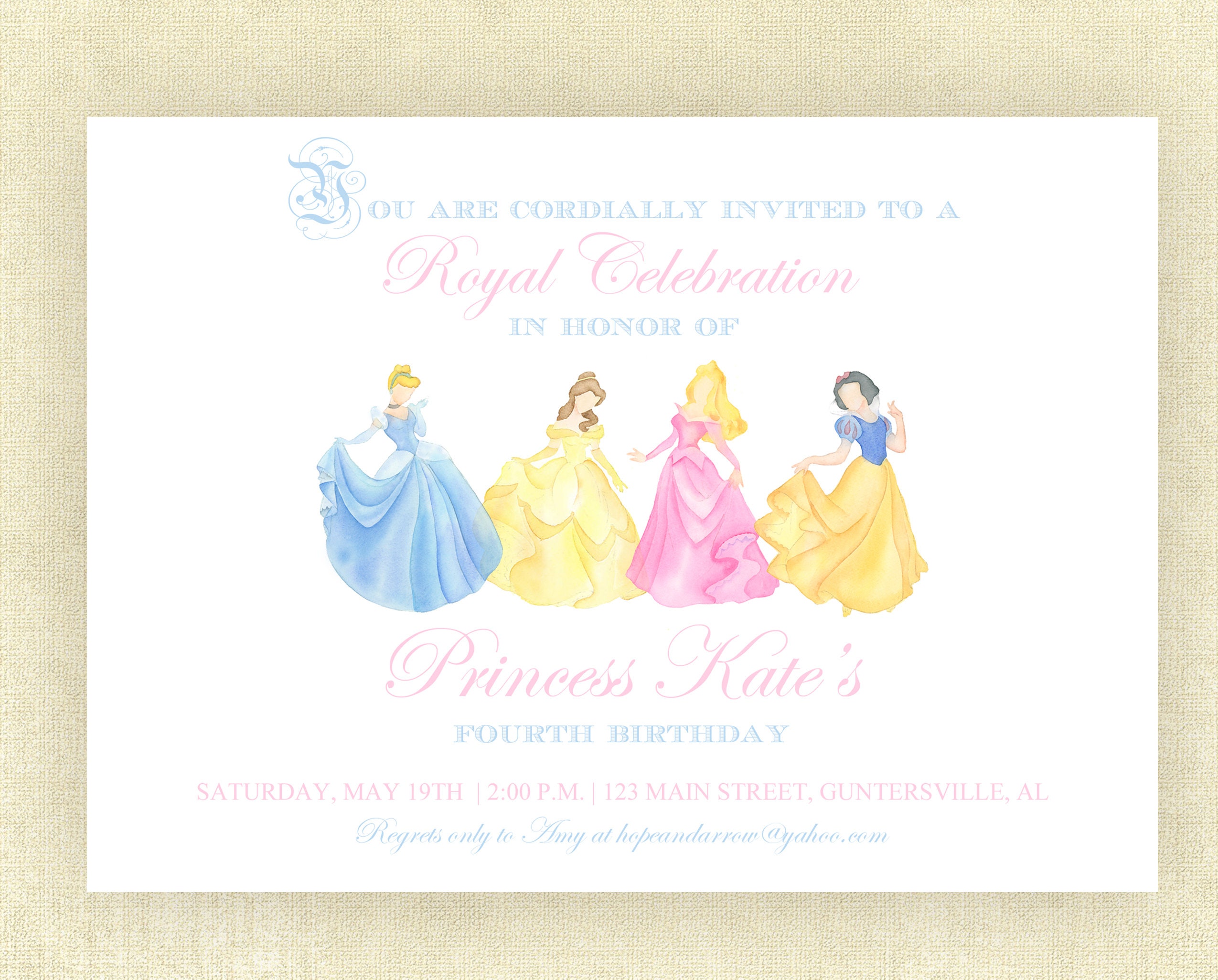 Watercolor Princess Invitation, Princess Invitation, Watercolor ...