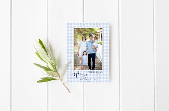 Christmas Card, Blue Gingham Christmas Card, Holiday Card, Digital Christmas Card, Printable Holiday Card, Watercolor, Simple  Card, Navy