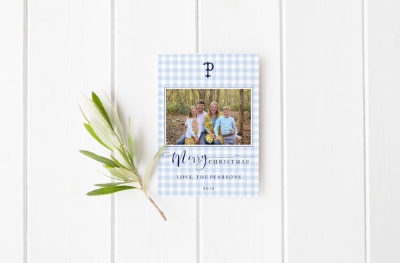 Christmas Card, Blue Gingham Christmas Card, Holiday Card, Digital Christmas Card, Printable Holiday Card, Watercolor, Simple  Card, Navy