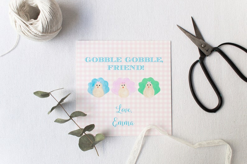 May include: A pink and white gingham card with three cartoon turkeys. The turkeys are blue, pink, and green. The card says "Gobble Gobble, Friend!" and "Love, Emma".