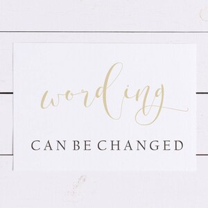 May include: A white card with the word "wording" written in gold cursive script. Below the word is the text "CAN BE CHANGED" in black.