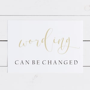 May include: White card with the word "wording" written in gold cursive script. Below the word is the text "CAN BE CHANGED" in black.