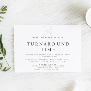 May include: White card with black text outlining turnaround time and business hours for Hope and Arrow Designs. The text reads: "Proofs and digital files are sent within 1-3 business days. Rush proof delivery can be selected at checkout (see details in listing). Business Hours: Monday - Wednesday 9-5 (CST), Thursday 3-5 (CST), Monday - Friday 9-3 (CST)"