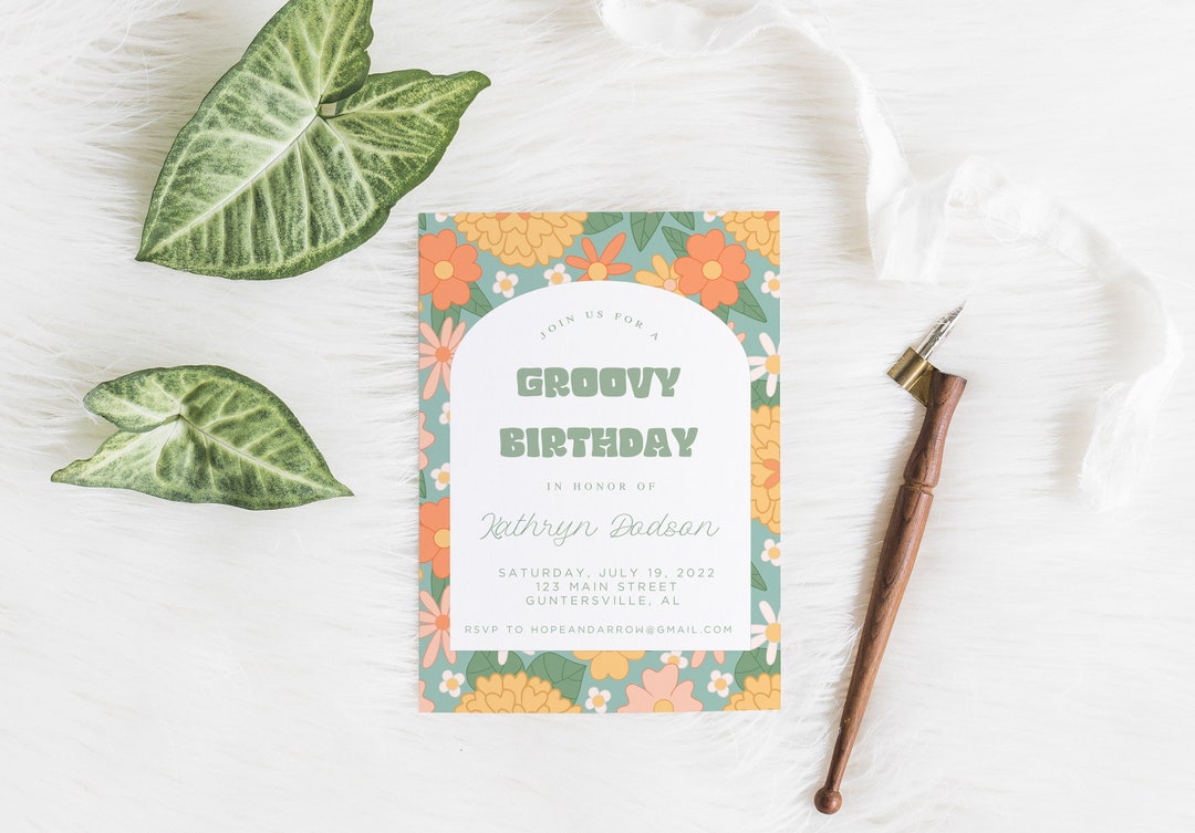 Groovy Birthday Invitation, Retro Birthday Invitation, Flower Retro ...
