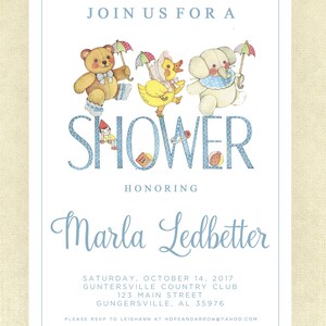May include: A blue and white baby shower invitation with a teddy bear, duck, and elephant holding umbrellas. The text reads "Join us for a shower honoring Marla Ledbetter. Saturday, October 14, 2017. Guntersville Country Club. 123 Main Street. Guntersville, AL 35976. Please RSVP to Leighann at hopeandarrow@yahoo.com"
