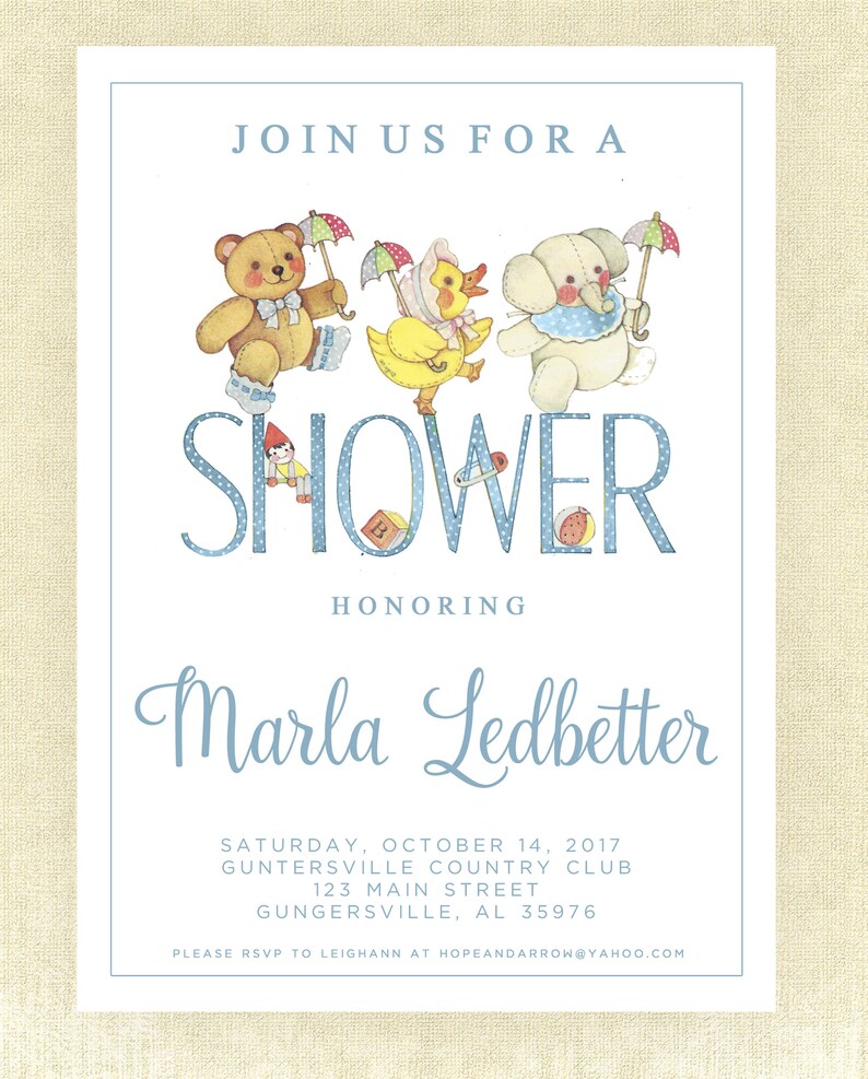 May include: A blue and white baby shower invitation with a teddy bear, duck, and elephant holding umbrellas. The text reads "Join us for a shower honoring Marla Ledbetter. Saturday, October 14, 2017. Guntersville Country Club. 123 Main Street. Guntersville, AL 35976. Please RSVP to Leighann at hopeandarrow@yahoo.com"
