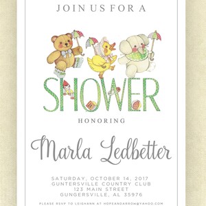 May include: A baby shower invitation with a green and white polka dot background. The invitation features a cartoon illustration of a teddy bear, a duck, and an elephant holding umbrellas. The text on the invitation reads "Join us for a shower honoring Marla Ledbetter".