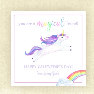 May include: A white unicorn with a purple mane and tail jumps over a rainbow. The card reads "You are a magical friend! Happy Valentine's Day! Love, Evey Jade".